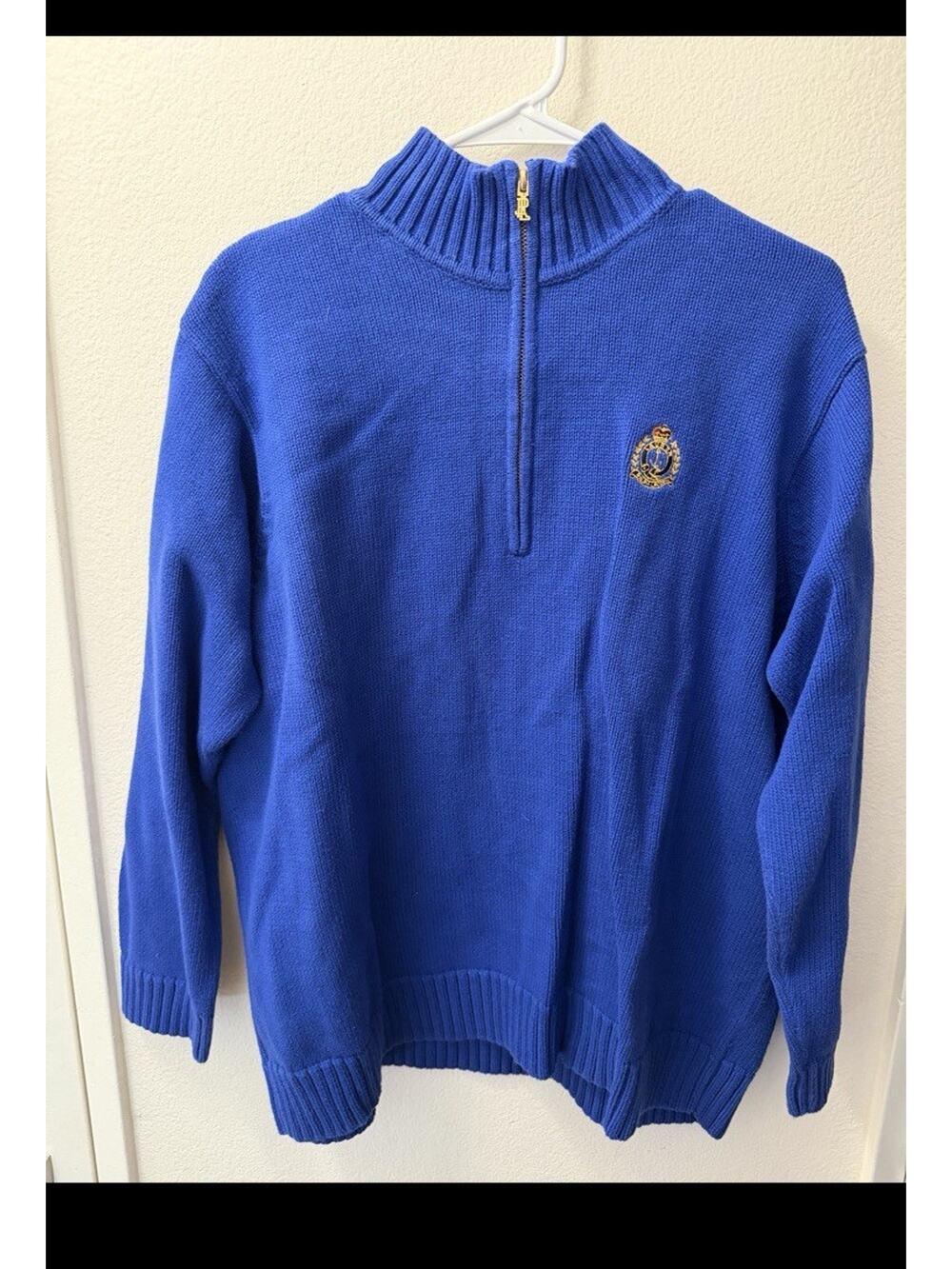 Lauren Ralph Lauren Vintage Womens 2X Blue Cotton RibKnit 1/2 Zip Mock Neck Logo